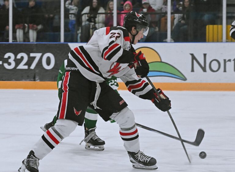 Aberdeen forward Jibber Kuhl takes a shot on goal during the second period against Watertown Wednesday, Nov. 26 inside the Odde Ice Center. The Wings lost 5-2. Aberdeen Insider photo by Robb Garofalo.