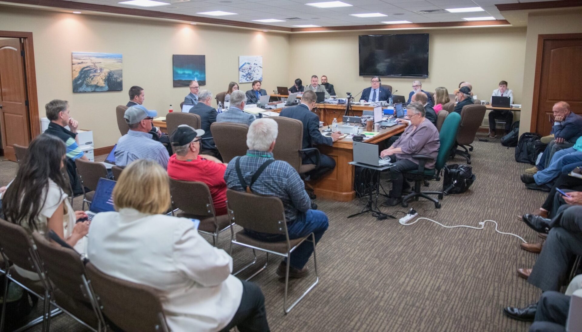 Representatives from Summit Carbon Solutions present during a Department of Mineral Resources hearing related to a carbon dioxide storage permit on June 11, 2024, in Bismarck. A judge’s order could have implications for the storage permit, which was later approved by state regulators. Photo by Kyle Martin for the North Dakota Monitor.