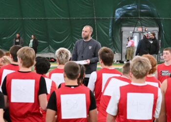 Prep Redzone Showcase coordinator Mitch Kleinschrodt goes over drill assignments during the Prep Redzone event Sunday, Dec. 7 at the Aberdeen dome. More than 120 high school football players attended. Aberdeen Insider photo by Robb Garofalo.