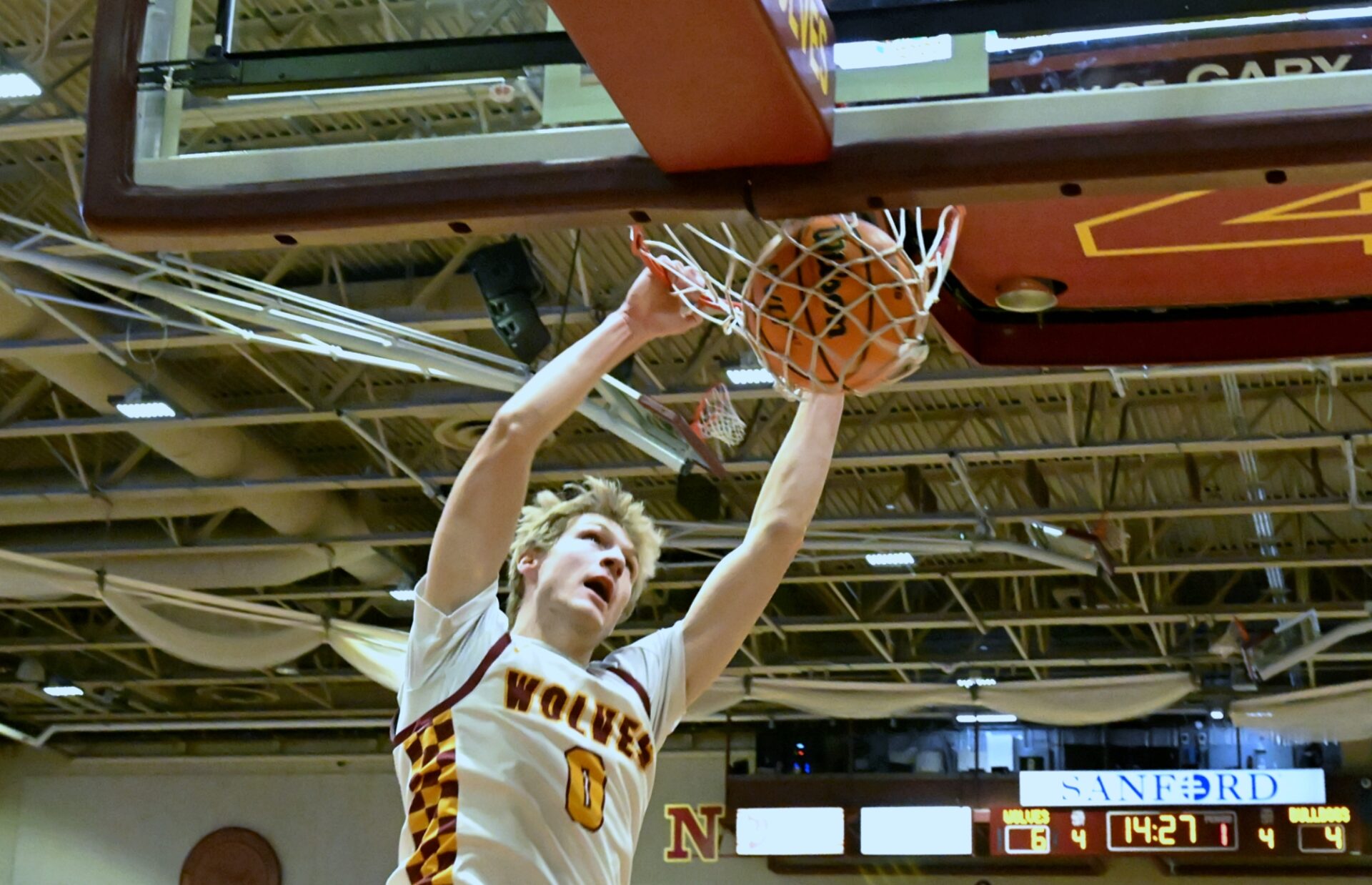 Northern State's Ben Bowen throws down a two-hand slam during the first half against Minnesota Duluth Thursday, Dec. 11 inside Wachs Arena. Bowen had eight points in a 79-62 loss to the Bulldogs. Aberdeen Insider photo by Robb Garofalo.