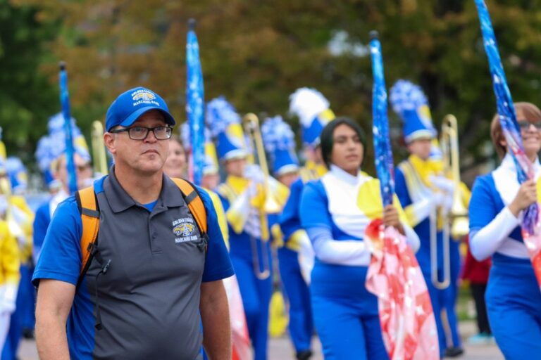 The Aberdeen Central Marching band with director Jeremy Schutter. Schutter will play trombone in the Rose Parade on Jan. 1, 2026. Photo courtesy of Aberdeen Public Schools.