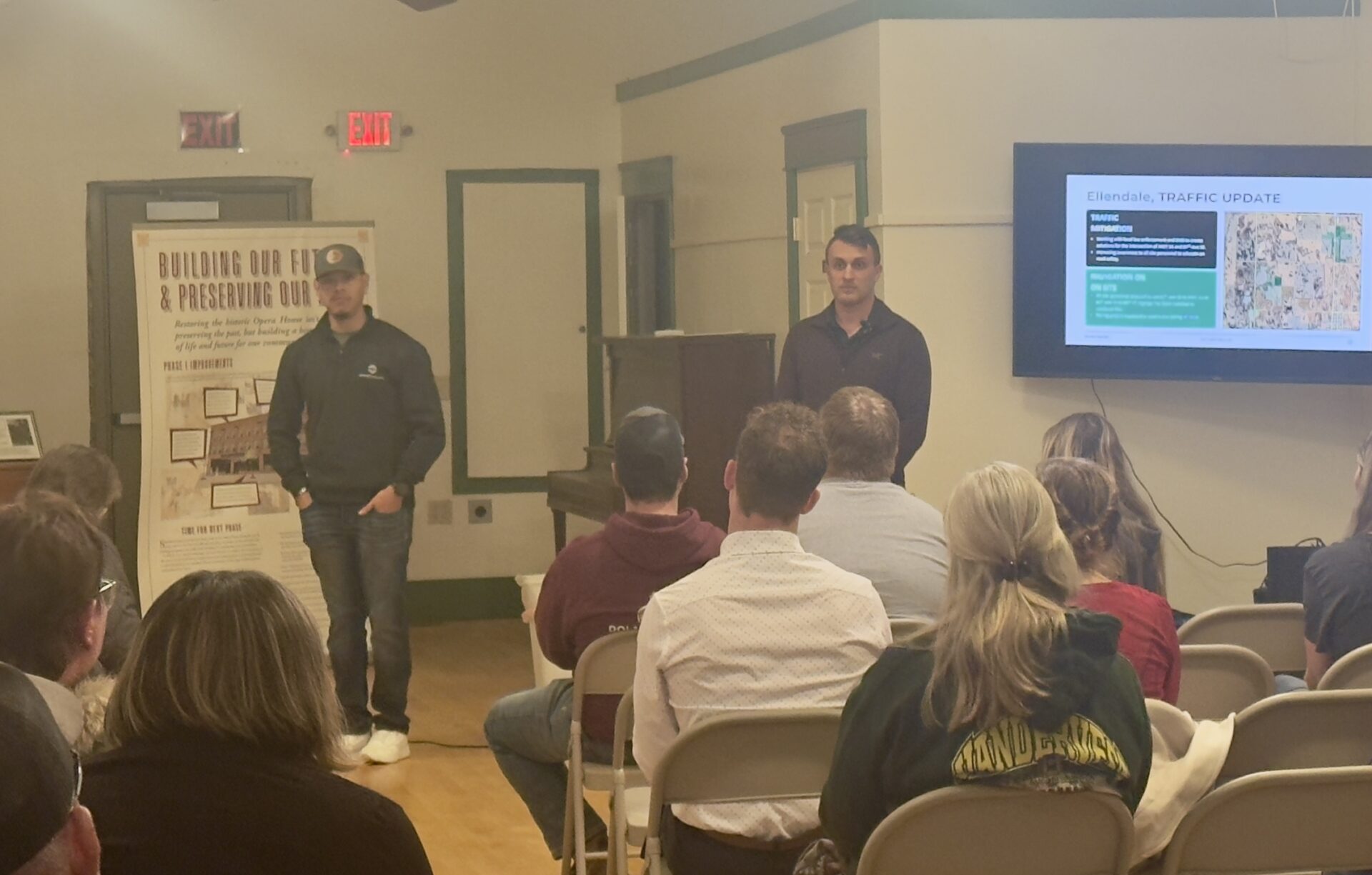 Heavy truck traffic, safety concerns voiced by locals at Applied Digital town hall 1 Applied Digital's Martin Vega and Nick Phillips field questions on traffic conditions during a town hall at the Ellendale Opera House on Wednesday, Dec. 17. The company is building three large data center facilities just west of town. Aberdeen Insider photo by Shannon Marvel.
