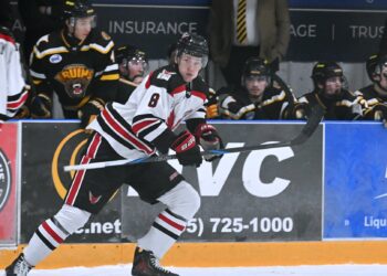Aberdeen Wings defenseman Herman Berggren takes the ice for his shift during the second period against the Austin Bruins Friday, Dec. 19 inside the Odde Ice Center. Berggren, a native of Sweden, is spending his Christmas break in Aberdeen. Aberdeen Insider photo by Robb Garofalo.