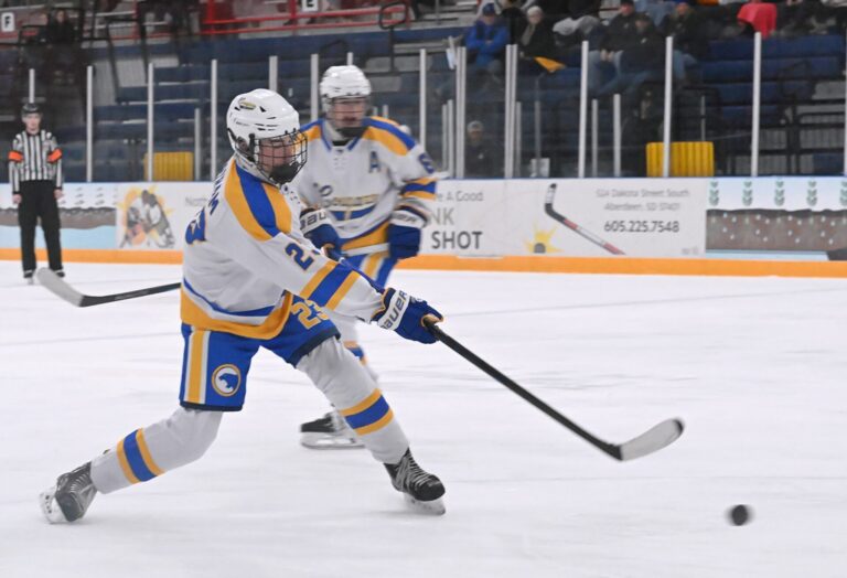 Aberdeen Cougar forward Ridgly Wasem takes a shot on goal during the third period against Brookings Saturday, Dec. 27 at the Odde Ice Center. The Rangers skated to a 4-0 win. Aberdeen Insider photo by Robb Garofalo.