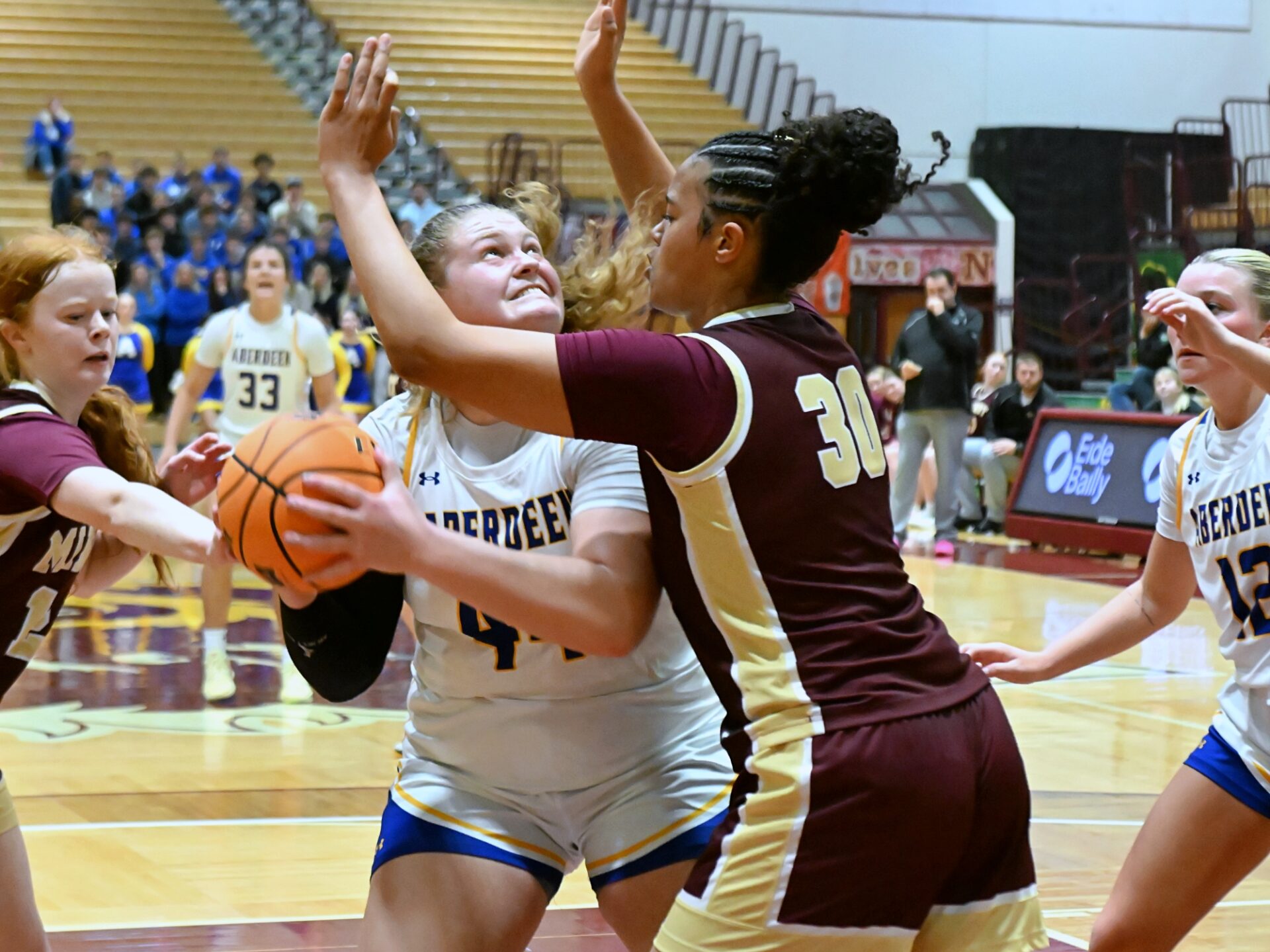Girls high school basketball: First-half threes lead to Aberdeen Central rout of Yankton 4 Aberdeen Central's Taryn Hermansen battles Minot's Alliyah Carlson Bell in the post during the third quarter of their game Tuesday, Dec. 30 at Wachs Arena. Bell had 18 points and Hermansen seven in a 54-43 Minot win in the Buffalo Wild Wings Classic. Aberdeen Insider photo by Robb Garofalo.