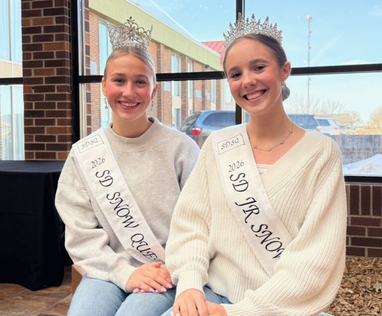 Brooklyn Kast of Faulkton, left, is the 2026 South Dakota Snow Queen and Emmy Ptacek of Ipswich is this year's South Dakota Junior Snow Queen. Aberdeen Insider photo by Elisa Sand.