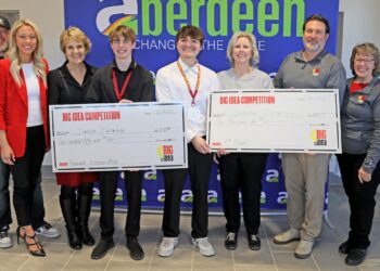 2025 BIG Idea Competition sponsors James and Katie Washnok of Blackout Industries, left, and Laurie Nichols, interim president at Northern State University, stand with first-place winners Bennett Woolverton and Dean Castellano, Warner High School; their teacher Pam Lane, and sponsors Nathan Gellhaus from Angelhaus and Kelly Weaver from the Small Business Development Center and GROW South Dakota. Not pictured are second-place winner Brynn Kindelsprire from Tri-Valley High School and third-place winers Max Lauseng, Chris McCormick and Kolbe Mohling from Watertown High School. Courtesy photo.