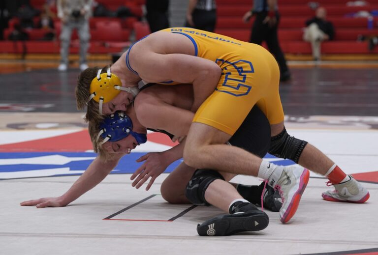 Aberdeen Central's Ridley Waldo maintains top position on Sioux Falls O'Gorman's Keanu Lee during their 157-pound final Saturday, Jan. 10 at the Dan Pansch Invitational in Brandon. Waldo won the match 9-4. to claim the championship in the weight class. Aberdeen Insider photo by Kevin Foss.