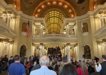 South Dakota Attorney General Marty Jackley speaks to attendees during a property rights rally at the South Dakota Capitol Rotunda in Pierre on Jan. 12. South Dakota Searchlight photo by Meghan O’Brien.