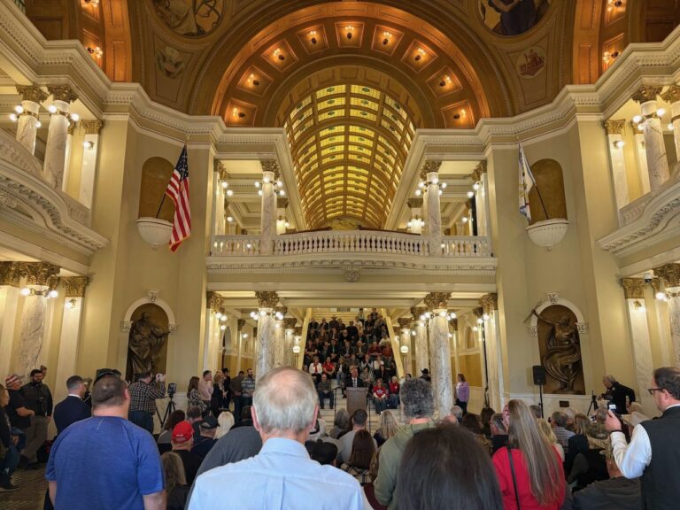 South Dakota Attorney General Marty Jackley speaks to attendees during a property rights rally at the South Dakota Capitol Rotunda in Pierre on Jan. 12. South Dakota Searchlight photo by Meghan O’Brien.