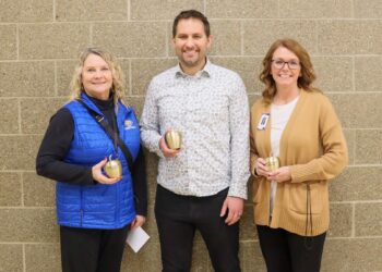 The Aberdeen Public School District Golden Apple Award recipients for 2026 are, from left, Barb Nygaard, Erich Schaffhauser and Tina Board. Courtesy photo.