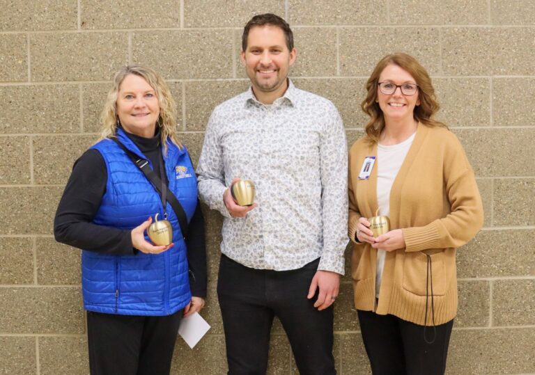 The Aberdeen Public School District Golden Apple Award recipients for 2026 are, from left, Barb Nygaard, Erich Schaffhauser and Tina Board. Courtesy photo.