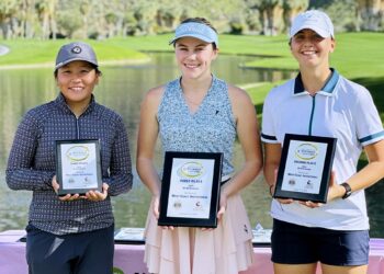 Aberdeen's Olivia Braun, center, took home the win during the West Coast Notah Begay Invitational Sunday, Jan. 18 in Palm Springs, Calif. Addison Kloch, right, of Augoura Hill, Calif., was second, while Anita Wang of San Marcos, Calif., was third. Courtesy photo.