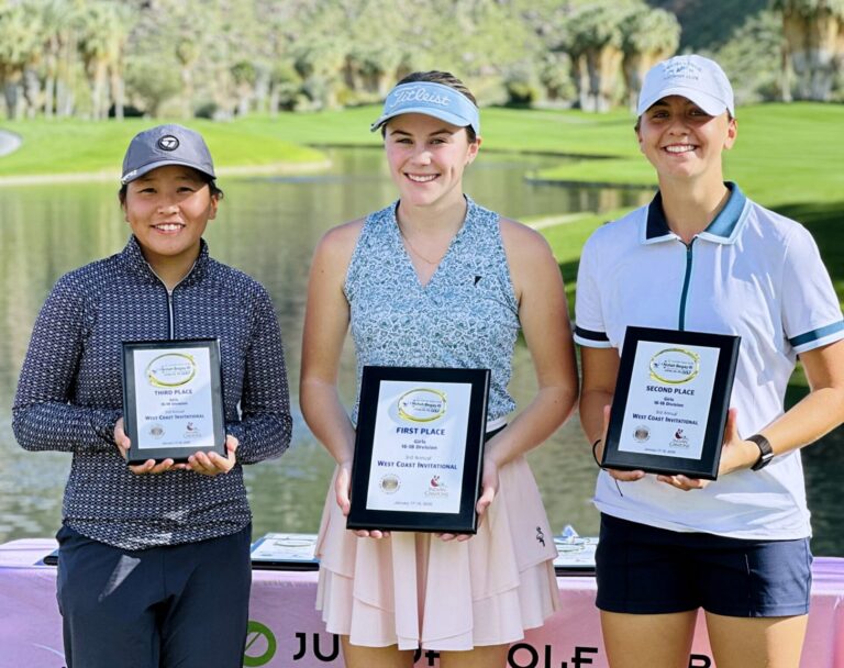 Aberdeen's Olivia Braun, center, took home the win during the West Coast Notah Begay Invitational Sunday, Jan. 18 in Palm Springs, Calif. Addison Kloch, right, of Augoura Hill, Calif., was second, while Anita Wang of San Marcos, Calif., was third. Courtesy photo.