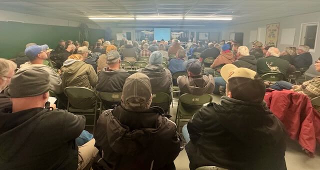 About 100 people listen to speakers at an informational meeting on Monday, Jan. 21 about a proposed 25,000-head dairy operation near Mina Lake. Aberdeen Insider photo by Shannon Marvel.