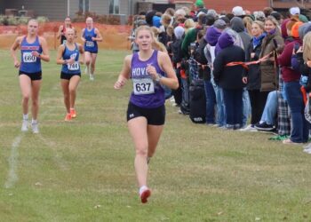 Hoven senior Dannika Kaup competes in the Class B girls state cross-country meet last fall. This school year, the Greyhounds are fielding independent athletics teams for the first time in about 25 years. Courtesy photo.