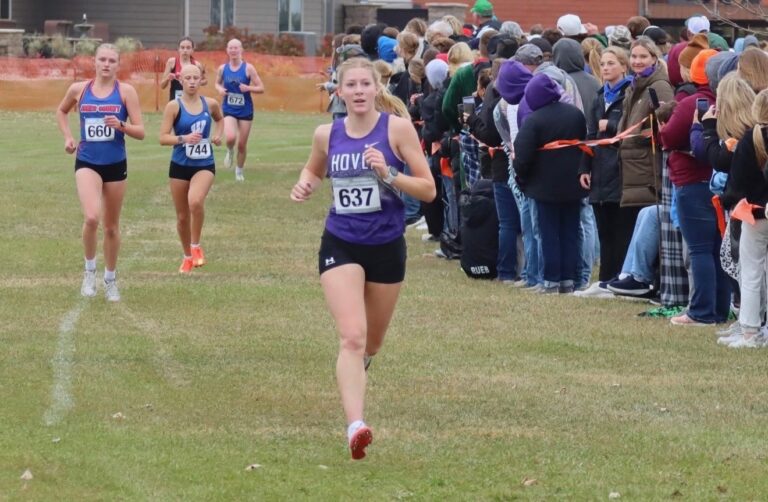 Hoven senior Dannika Kaup competes in the Class B girls state cross-country meet last fall. This school year, the Greyhounds are fielding independent athletics teams for the first time in about 25 years. Courtesy photo.