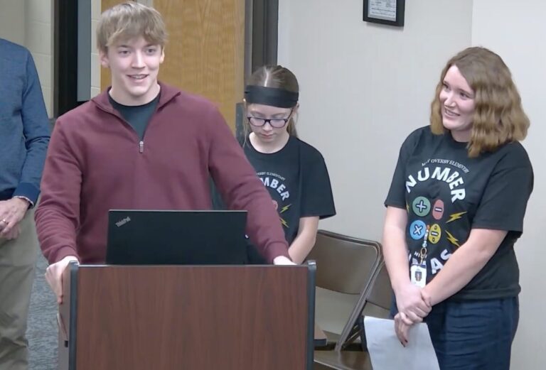 Beaten Klatt talks to the Aberdeen School Board about his mentorship with the Number Ninja's at May Overby Elementary School. Courtesy photo.