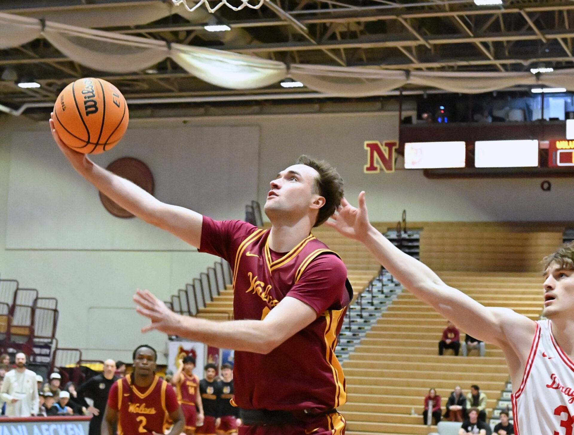 Northern State's Josh Book drives and scores two of his game-high 23 points during an 83-69 win over MSU Moorhead Saturday, Feb. 7 at Wachs Arena. Northern has won three-straight games and is tied for the lead in the NSIC North standings. Aberdeen Insider photo by Robb Garofalo.