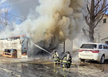 Aberdeen Fire & Rescue crews douse a fire that consumed garage on the southeast side of town on Wednesday, Feb. 11. No injuries were reported. Courtesy photo.