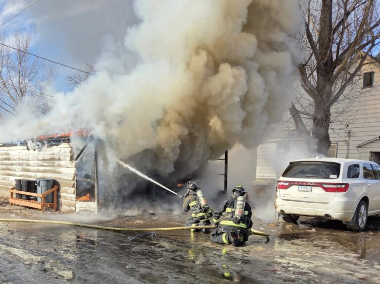 Aberdeen Fire & Rescue crews douse a fire that consumed garage on the southeast side of town on Wednesday, Feb. 11. No injuries were reported. Courtesy photo.