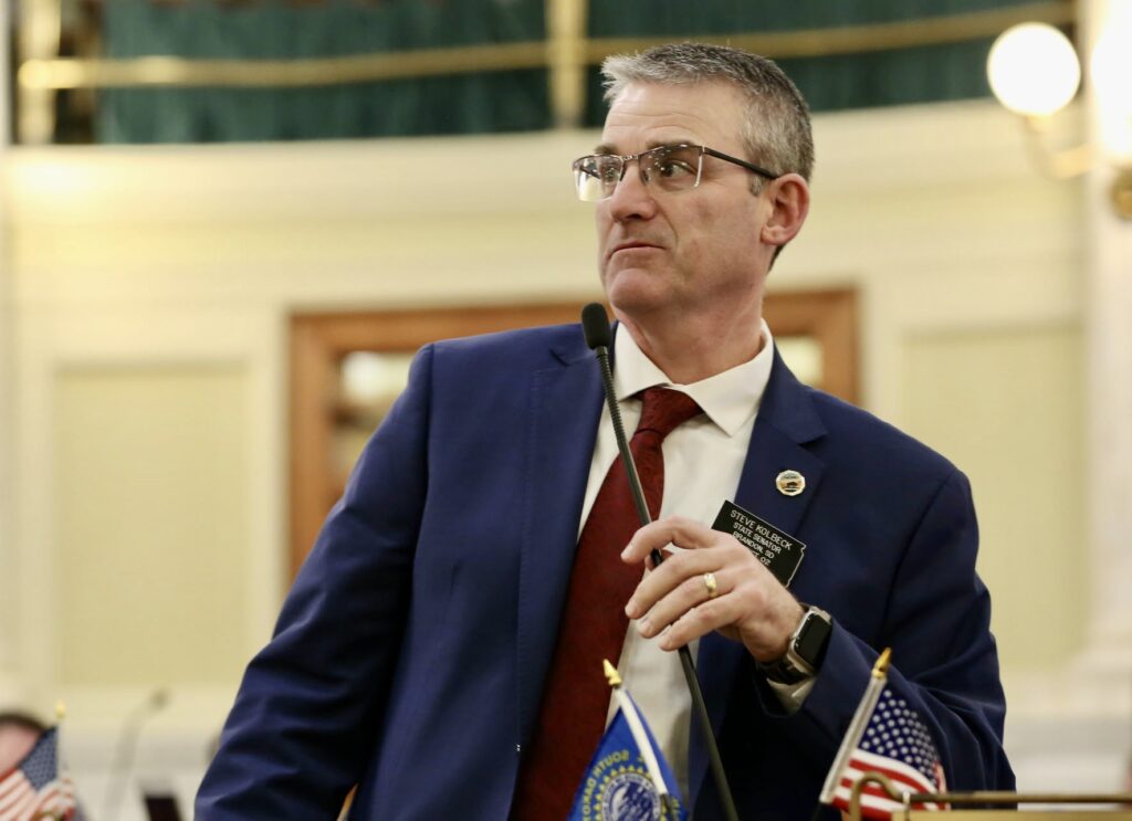 State Sen. Steve Kolbeck, R-Brandon, speaks on the Senate floor in Pierre during the 2026 legislative session. South Dakota Searchlight photo by Makenzie Huber. Sports betting.