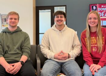 Northern State students who are officers of the new collegiate South Dakota Farmers Union chapter are, from left, Patrick Olson, president; Blake Miller, vice president and treasurer; and Abigail Kolousek, social media manager. Aberdeen Insider photo by Elisa Sand.