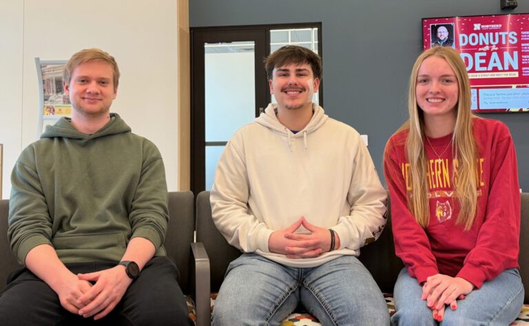 Northern State students who are officers of the new collegiate South Dakota Farmers Union chapter are, from left, Patrick Olson, president; Blake Miller, vice president and treasurer; and Abigail Kolousek, social media manager. Aberdeen Insider photo by Elisa Sand.