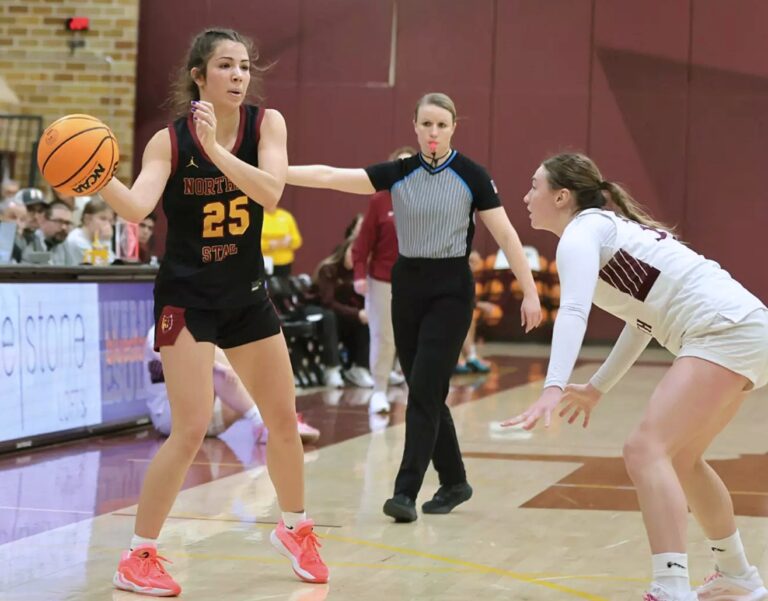 Northern State's Izzy Moore handles the ball near mid court against Minnesota Duluth Saturday, Feb. 14 in Duluth, Minn. Moore scored a career-high 41 points in a 74-58 win. Photo courtesy UMD Athletics.