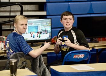 Wyatt Severson, left, and Zachary Bau of Aberdeen Central High School won the Special Olympics Mario Kart 8 division at the 2026 South Dakota Esports State Tournament at Golden Eagles Arena. Photo courtesy of South Dakota Public Broadcasting.
