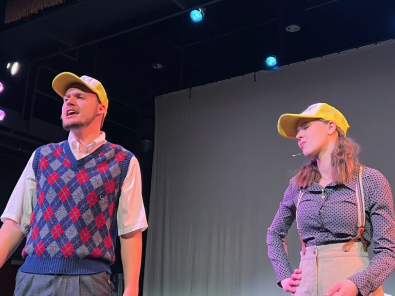 Brayden Cambler and Anna Bisbee perform in the upcoming performance of Gutenberg! The Musical! at Northern State University. The show is Friday, Feb. 20 and Saturday, Feb. 21 at 7:30 p.m. Courtesy photo from Northern State University.