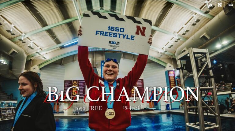 Gena Jorgenson of Aberdeen won the women's 1,650-meter freestyle at the Big 10 Championships last weekend in Minneapolis. She finished in a school-record time of 15:45.36. Photo illustration courtesy of the University of Nebraska.