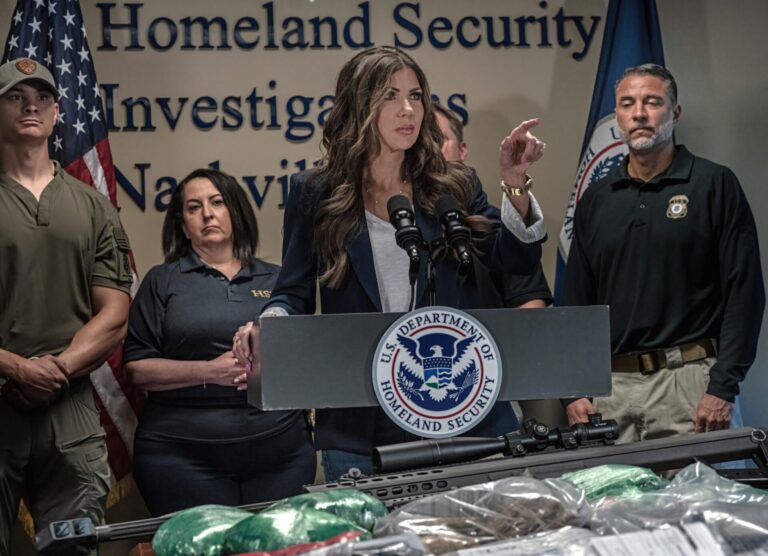 Former Department of Homeland Security Secretary Kristi Noem at a Nashville press conference on July 18, 2025, to discuss arrests of immigrants during Immigration and Customs Enforcement sweeps. Tump ousted Noem as DHS secretary on Thursday, March 5. Tennessee Lookout photo by John Partipilo.