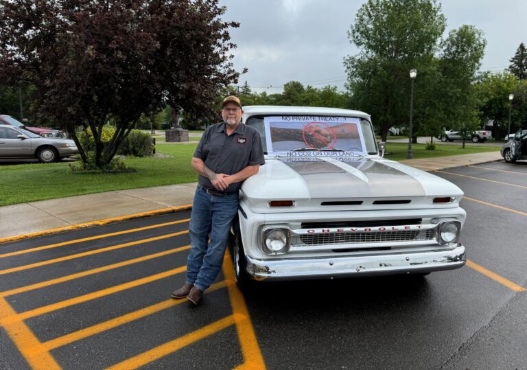 Kurt Swenson, a member of the Northwest Landowners Association, poses by his truck June 28, 2024, outside the courthouse in Bottineau. Photo courtesy of Kurt Swenson.