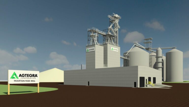 Agtegra has announced the construction of a new 100,000 square foot feed mill in Faulkton, which is expected to open by 2027. Courtesy illustration from Agtegra.