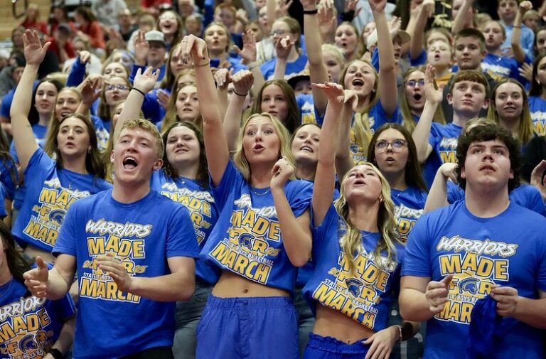 Castlewood fans cheer their team during the 2025 Class B state boys basketball tournament in Aberdeen. The Warriors are back for this year's State B, which begins Thursday, March 19. Photo courtesy of South Dakota Public Broadcasting.