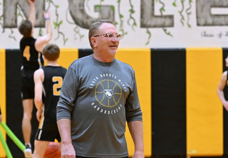 Groton Area head coach Greg Kjellsen watches his team during practice. The Tigers have advanced to the Class A Boys State Basketball Tournament in Kjellsen's return to the bench this season. Aberdeen Insider photo by Robb Garofalo.