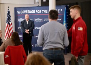 Toby Doeden listens to a question asked by an audience member during a town hall campaign event Monday, March 16 at Engels Event Co. in downtown Aberdeen. Doeden is seeking the Republican nomination for governor. Aberdeen Insider photo by Troy McQuillen.
