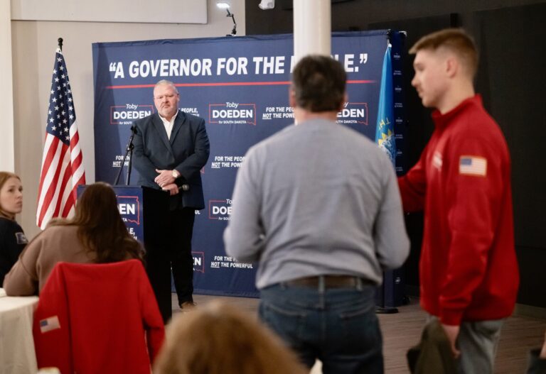 Toby Doeden listens to a question asked by an audience member during a town hall campaign event Monday, March 16 at Engels Event Co. in downtown Aberdeen. Doeden is seeking the Republican nomination for governor. Aberdeen Insider photo by Troy McQuillen.