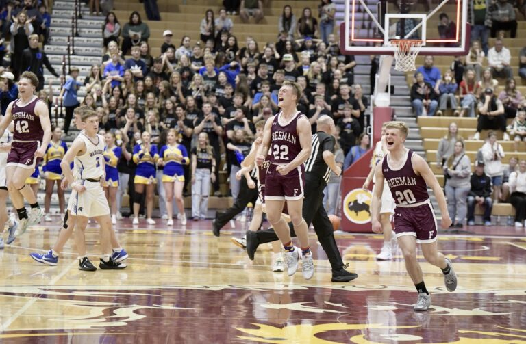 Freeman players celebrate after winning the 2026 State B boys basketball tournament by defeating Castlewood 61-53 on Saturday, March 21 at the Barnett Center. It was the Flyers' first boys basketball title in 51 years. Photo courtesy of South Dakota Public Broadcasting.
