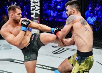 Webster High School graduate Logan Storley, left, fights Joseph Luciano in April 2025. Storley won by unanimous decision. He takes on Florim Zendeli on Saturday, May 2 during a Professional Fighters League event in Sioux Falls. Photo courtesy of Professional Fighters League.
