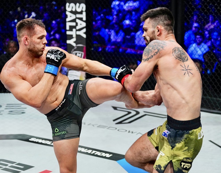 Webster High School graduate Logan Storley, left, fights Joseph Luciano in April 2025. Storley won by unanimous decision. He takes on Florim Zendeli on Saturday, May 2 during a Professional Fighters League event in Sioux Falls. Photo courtesy of Professional Fighters League.