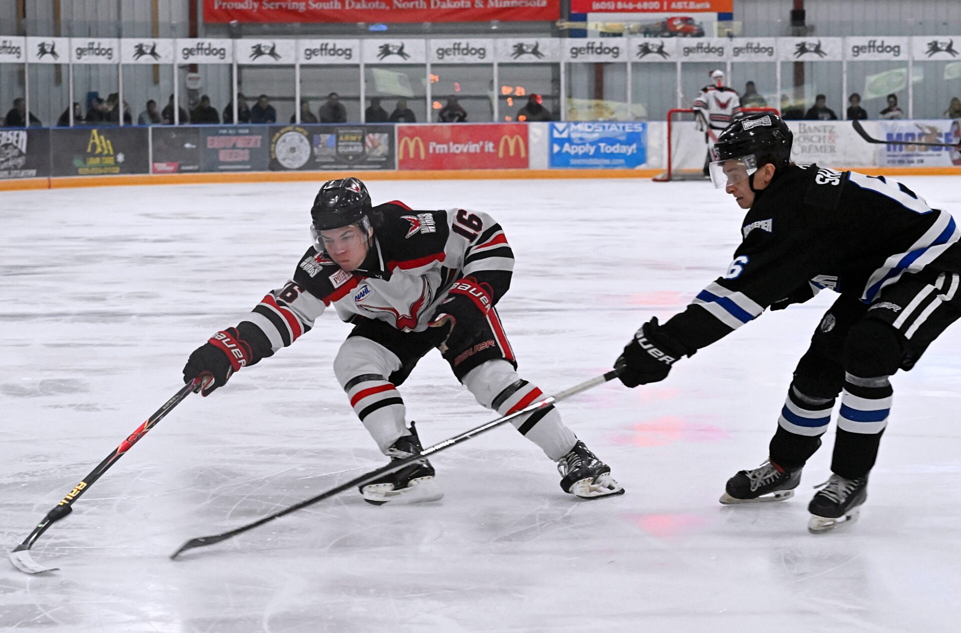 Aberdeen forward Tevan James reaches for the puck while being defended by St. Cloud's Avry Shaw Saturday, March 28 inside the Odde Ice Center. The Norsemen skated to a 5-1 win and swept the weekend series. Aberdeen Insider photo by Robb Garofalo.