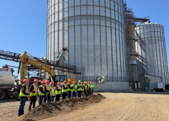 A line of people affiliated with state agencies, Agtegra and Faulkton lined up for the groundbreaking of Agtegra's new feed mill on Friday, March 27. Construction is expected to begin in April. Aberdeen Insider photo by Elisa Sand.