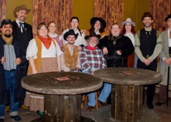 Aberdeen Community Theatre’s dinner theater show, “Trouble in Deadwood” opens Wednesday, April 7. It features a cast of 12 who are, from left, Kale Secker, Eliot Lucas, Nichole Christiansen, Kat Schnabel, William Barber, Emily Meidinger, Chuck Gabriel, Aysia Eggena, Diane Leitheiser, Emily Susannah Davis, John Vogel and Chris Anderson. Courtesy photo from Aberdeen Community Theatre.