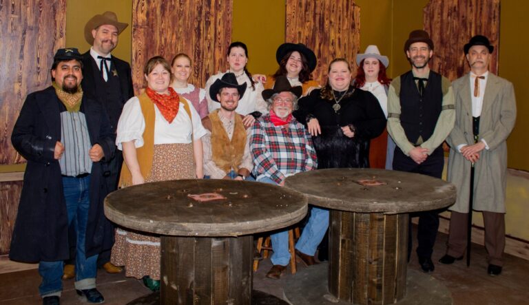 Aberdeen Community Theatre’s dinner theater show, “Trouble in Deadwood” opens Wednesday, April 7. It features a cast of 12 who are, from left, Kale Secker, Eliot Lucas, Nichole Christiansen, Kat Schnabel, William Barber, Emily Meidinger, Chuck Gabriel, Aysia Eggena, Diane Leitheiser, Emily Susannah Davis, John Vogel and Chris Anderson. Courtesy photo from Aberdeen Community Theatre.