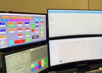 Brown County dispatchers answer calls from a station featuring three computers networked together with information displayed on six monitors. Four of those monitors are pictured in this photo. Aberdeen Insider photo by Elisa Sand.