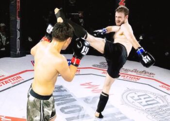 Trey Litwiller of Aberdeen throws a spinning head kick at Dante Sharpfish during their fight Oct. 11, 2025, at the Dakota Magic Casino in Hankinson, N.D. Litwiller steps back into the cage Saturday, April 11 against Marcus Francis. Courtesy photo.