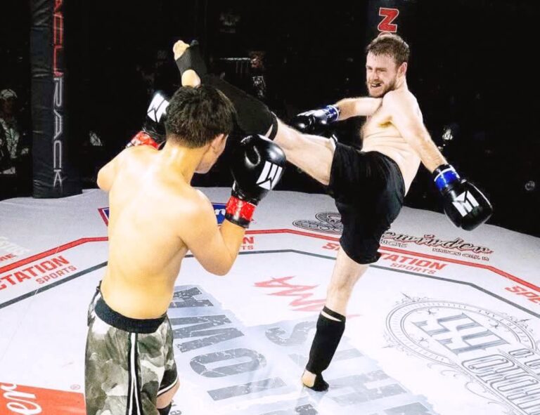 Trey Litwiller of Aberdeen throws a spinning head kick at Dante Sharpfish during their fight Oct. 11, 2025, at the Dakota Magic Casino in Hankinson, N.D. Litwiller steps back into the cage Saturday, April 11 against Marcus Francis. Courtesy photo.