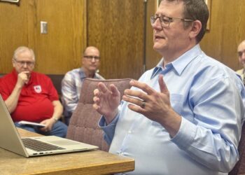 South Dakota School and Public Lands Commissioner Brock Greenfield speaks about the Richmond Lake spillway project during the Brown County Commission meeting on Tuesday, April 7 at the courthouse annex. Aberdeen Insider photo by Shannon Marvel.